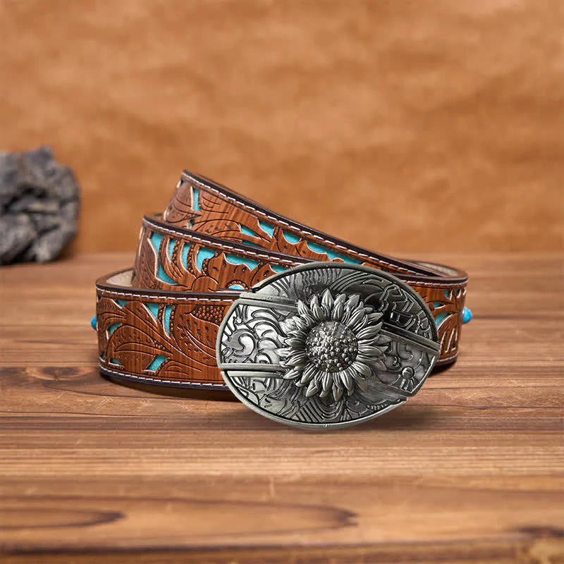 Men's DIY Sunflower Hidden Folding Knife Leather Belt - Image 2