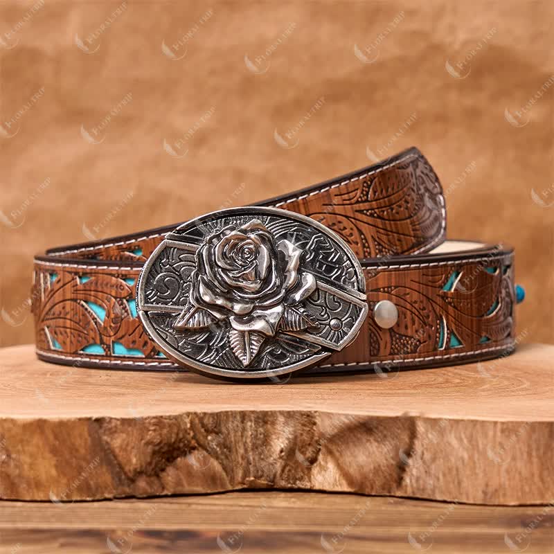 Men's DIY Western Rose Hidden Folding Knife Leather Belt - Image 5