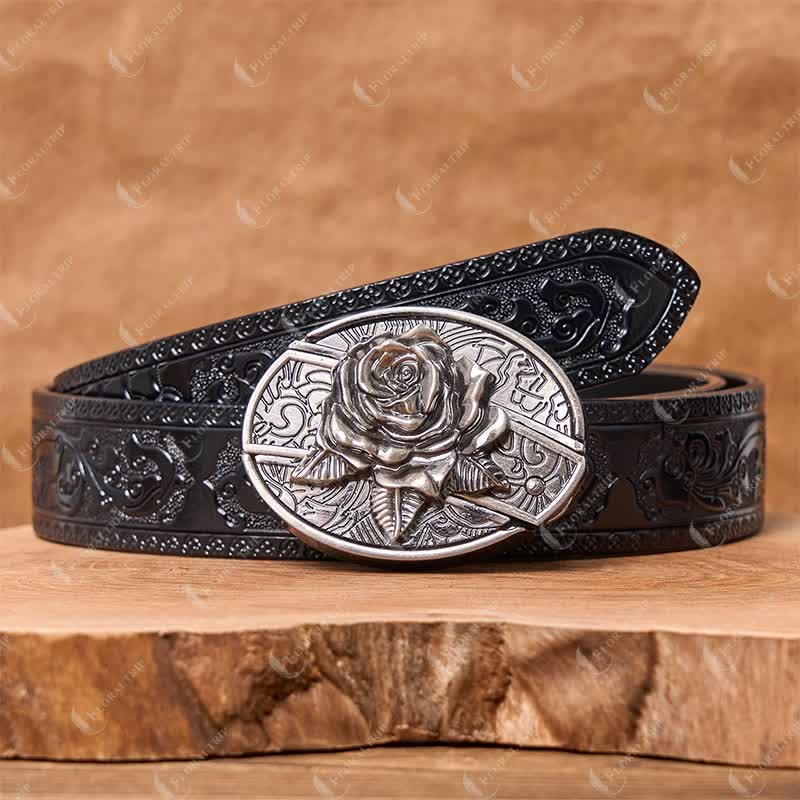 Men's DIY Western Rose Hidden Folding Knife Leather Belt - Image 5