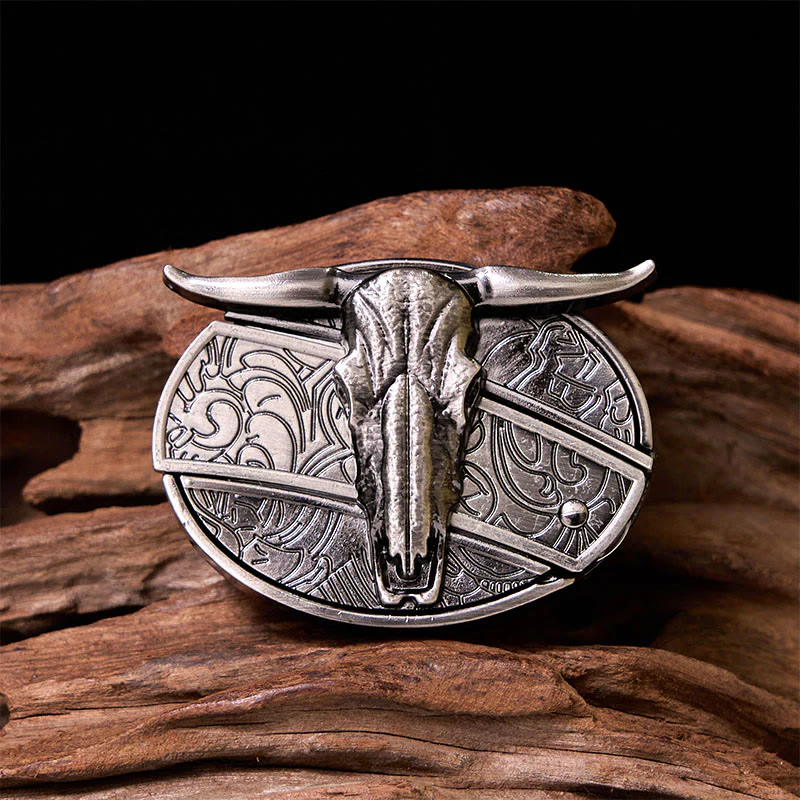 Bull's Head DIY Hidden Knife Silver Western Vintage Buckle Leather Belt - Image 7