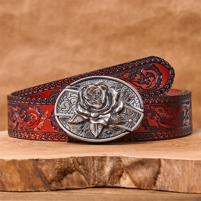 Men's DIY Western Rose Hidden Folding Knife Leather Belt - Image 3