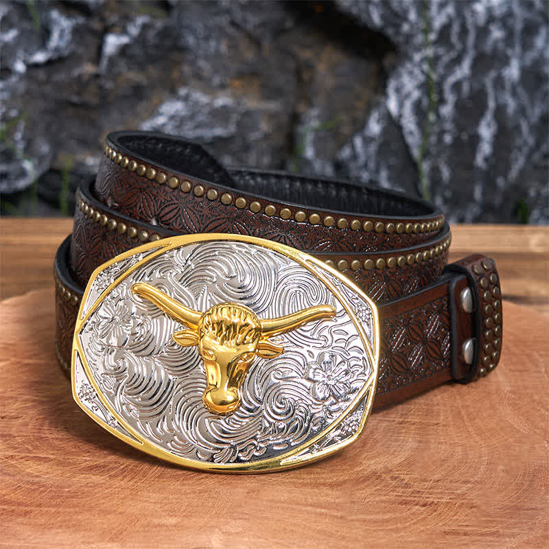 Native Golden DIY Longhorn Head Large Buckle Leather Belt - Image 6
