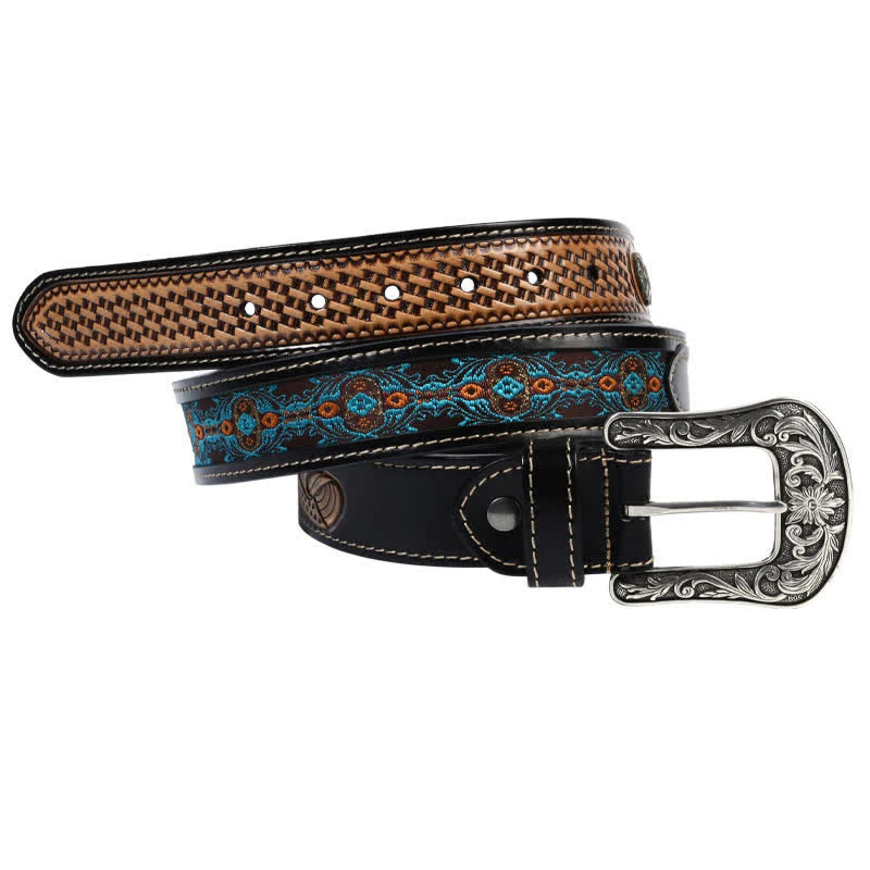 Native Style Retro Basket Weave Pattern Leather Belt - Image 2