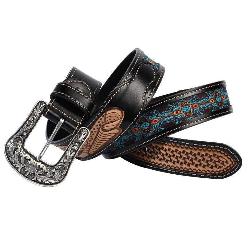 Native Style Retro Basket Weave Pattern Leather Belt - Image 3