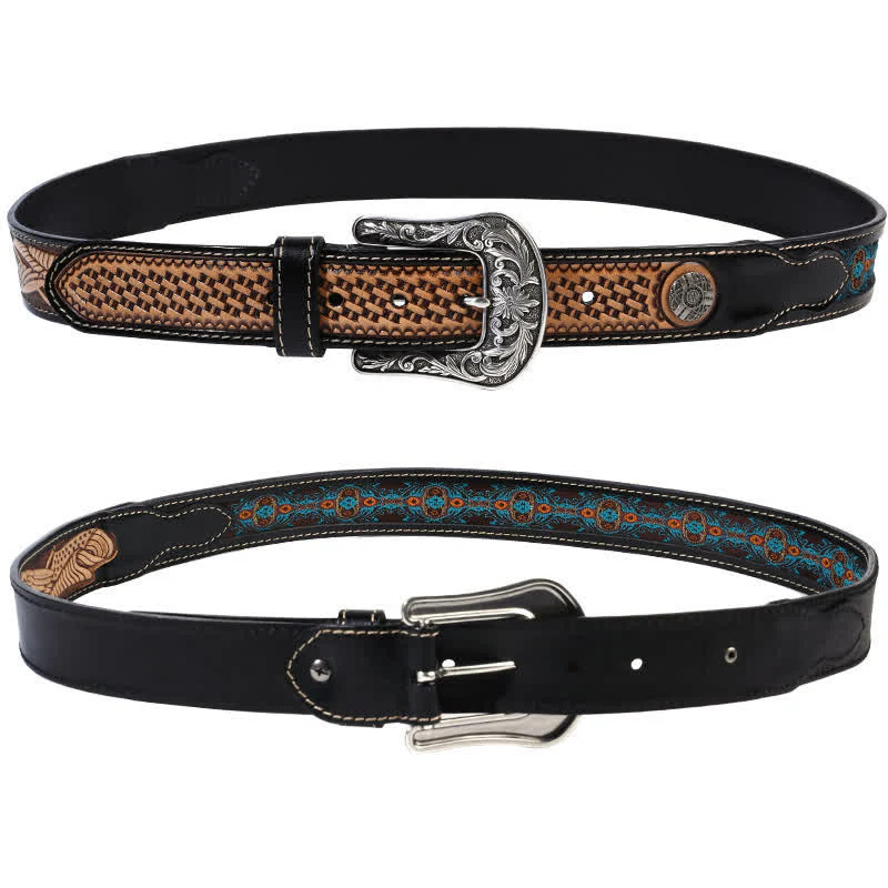 Native Style Retro Basket Weave Pattern Leather Belt - Image 5