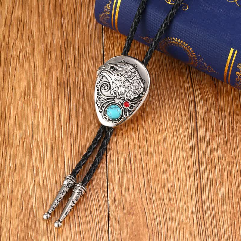 Natural Turquoise Stone Engraved Eagle Pendant Bolo Tie - Image 3