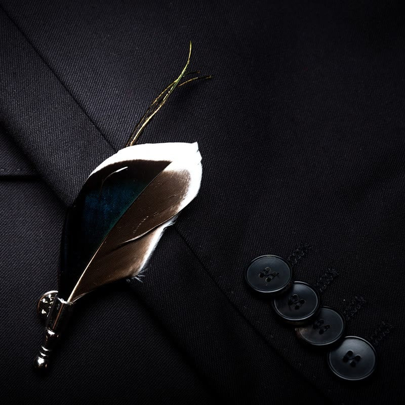 Navy Blue & Brown Vintage Feather Bow Tie with Lapel Pin - Image 3