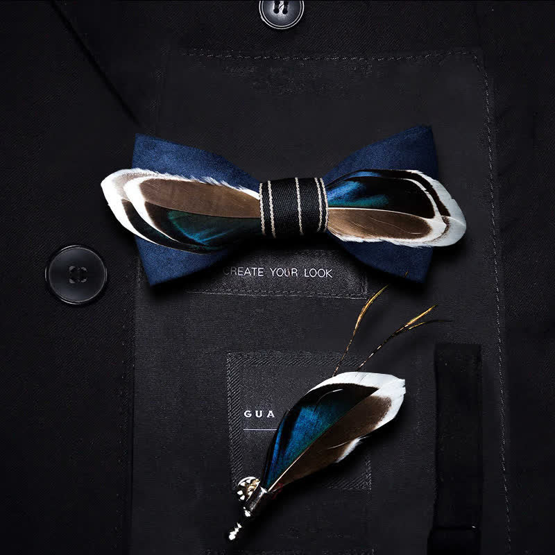 Navy Blue & Brown Vintage Feather Bow Tie with Lapel Pin - Image 5