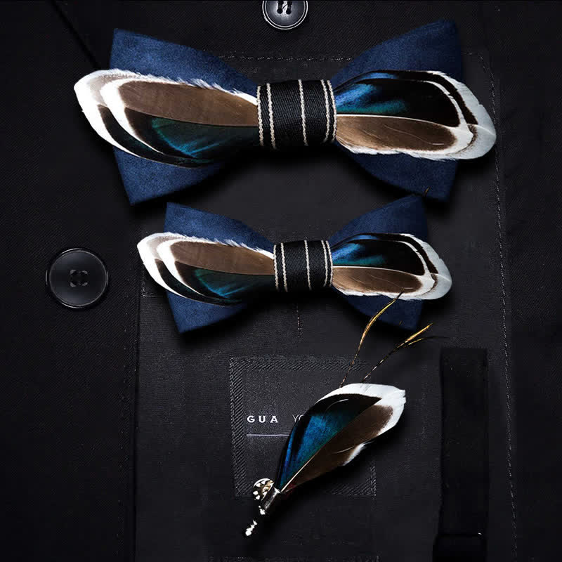 Navy Blue & Brown Vintage Feather Bow Tie with Lapel Pin - Image 6