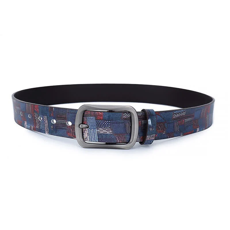 Navy Blue Splicing Graffiti Pattern Genuine Leather Belt - Image 4