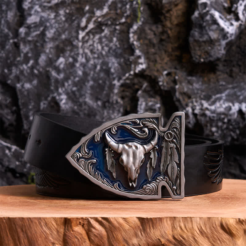 Navy Enamel DIY Arrowhead Shaped Bull Buckle Leather Belt - Image 3