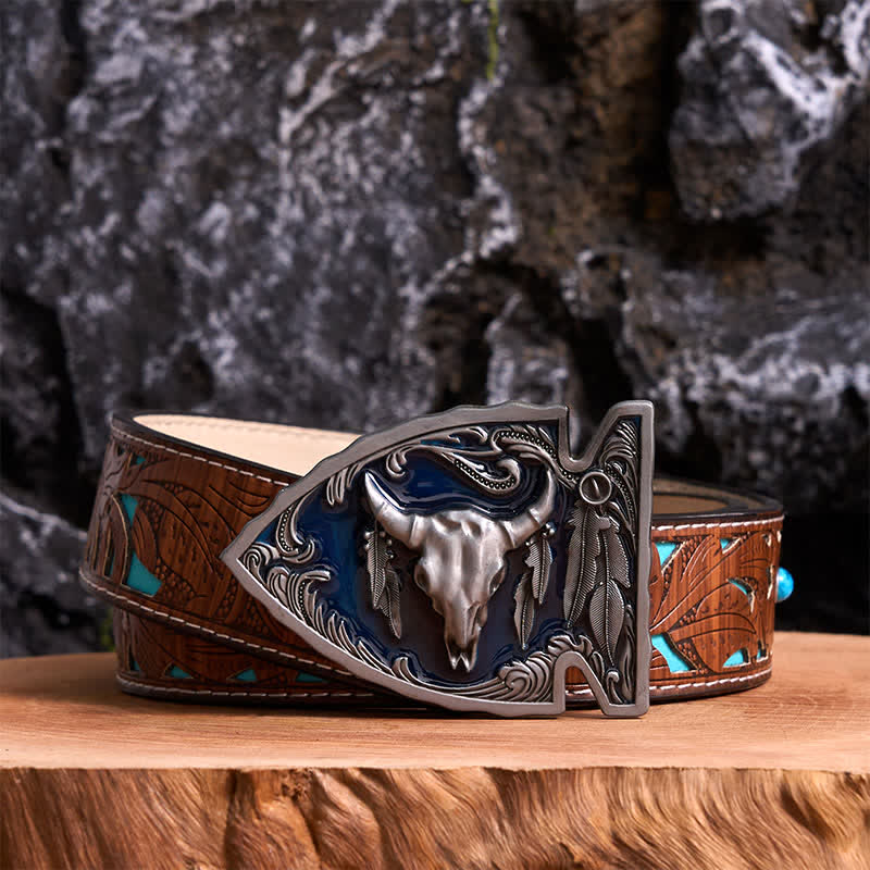 Navy Enamel DIY Arrowhead Shaped Bull Buckle Leather Belt - Image 4