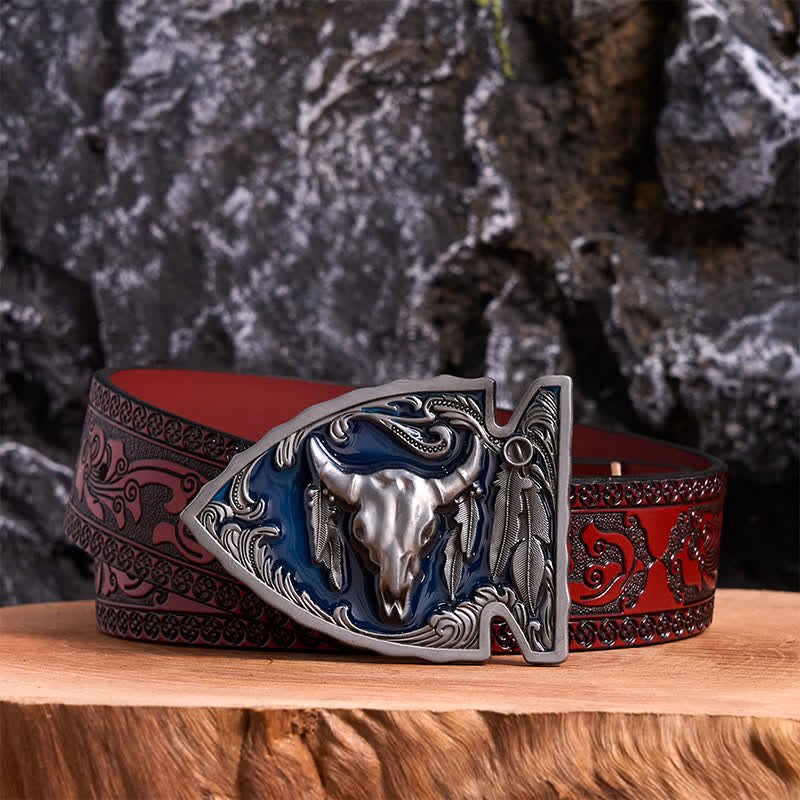 Navy Enamel DIY Arrowhead Shaped Bull Buckle Leather Belt - Image 7