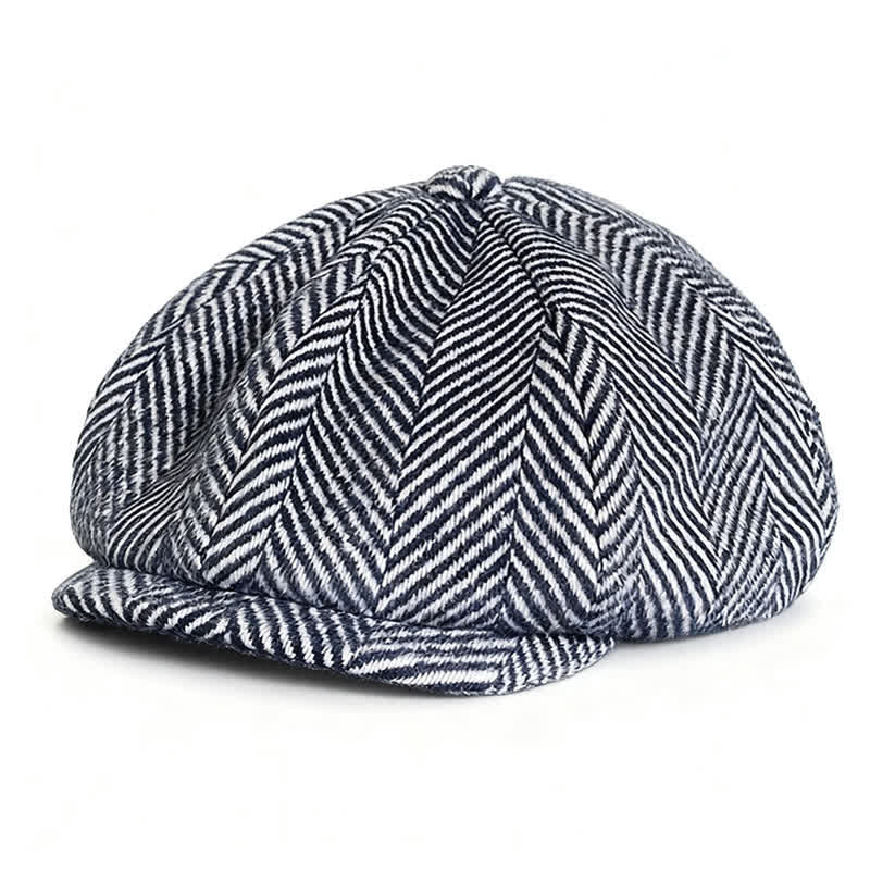 Navy Herringbone Pattern Winter Wool Octagonal Beret Hat