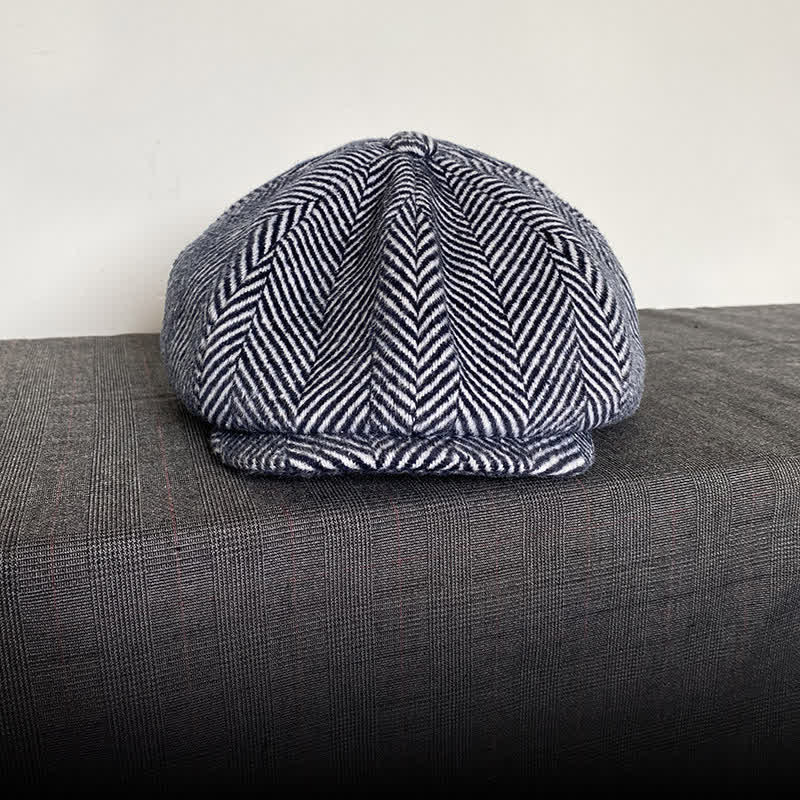 Navy Herringbone Pattern Winter Wool Octagonal Beret Hat - Image 2