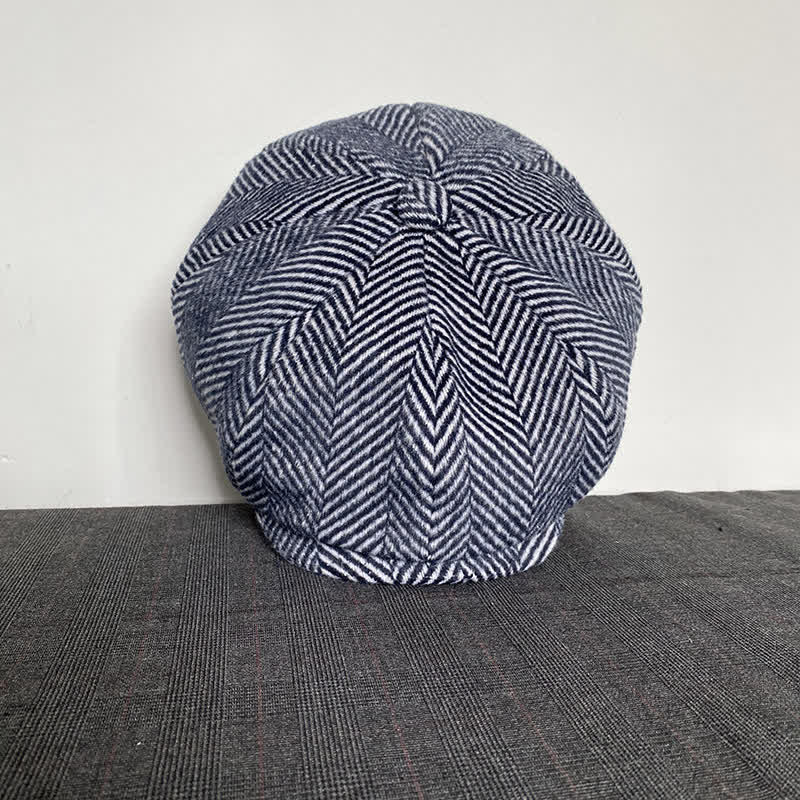 Navy Herringbone Pattern Winter Wool Octagonal Beret Hat - Image 3