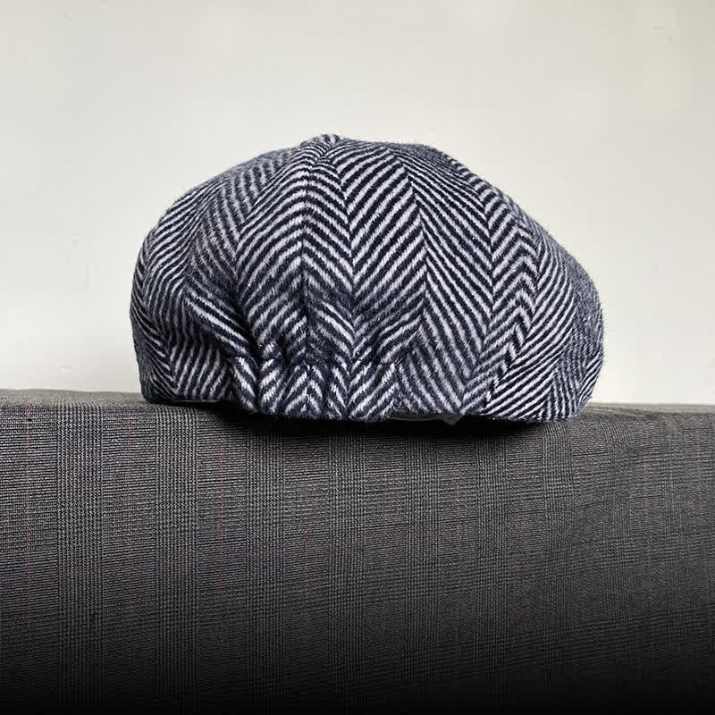 Navy Herringbone Pattern Winter Wool Octagonal Beret Hat - Image 4