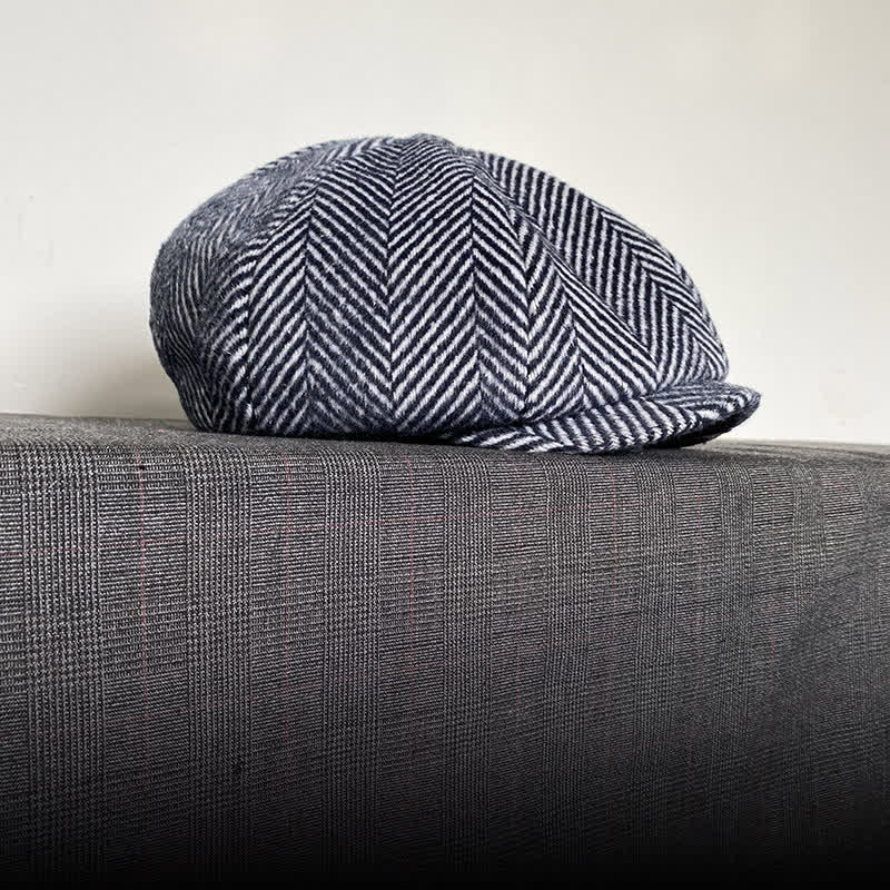 Navy Herringbone Pattern Winter Wool Octagonal Beret Hat - Image 5