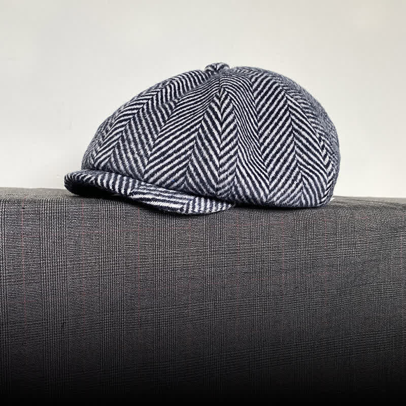 Navy Herringbone Pattern Winter Wool Octagonal Beret Hat - Image 6