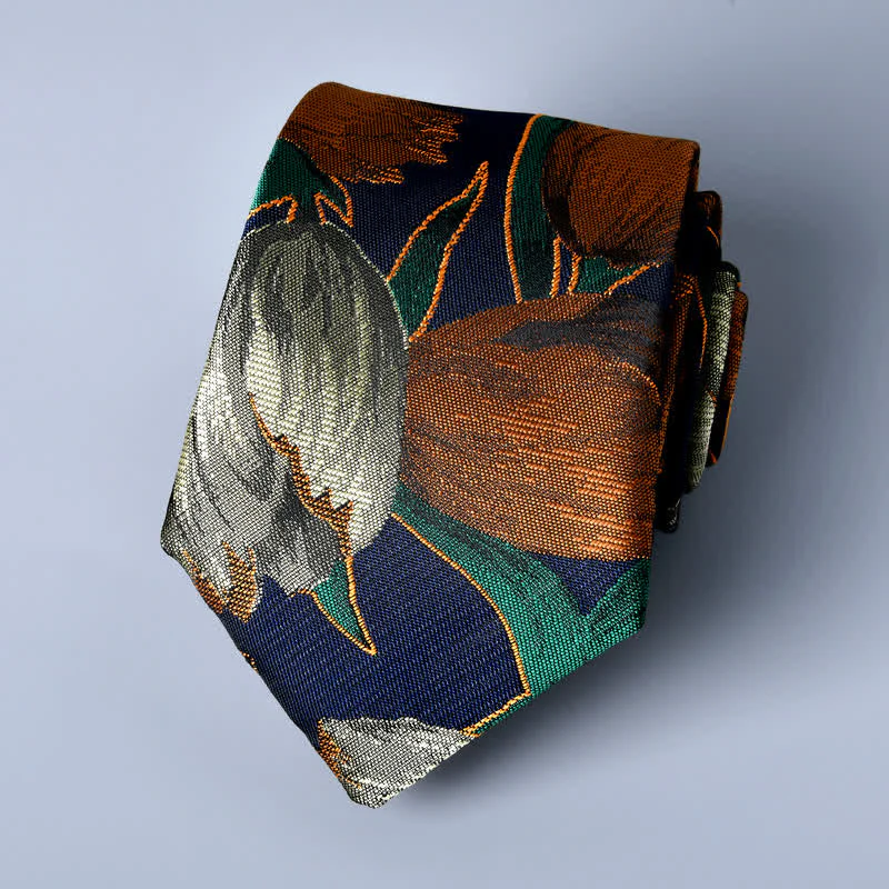 Navy & Peru Men's Elegant Floral Tulip Necktie - Image 3