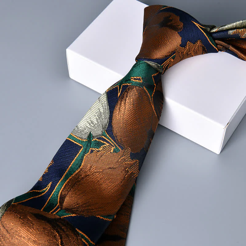 Navy & Peru Men's Elegant Floral Tulip Necktie - Image 4