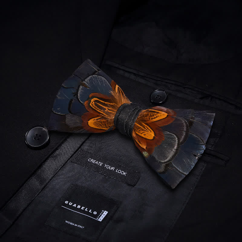 Navy & Rust Feather Bow Tie with Lapel Pin - Image 2