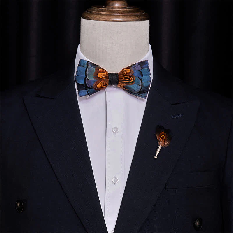 Navy & Rust Feather Bow Tie with Lapel Pin - Image 3