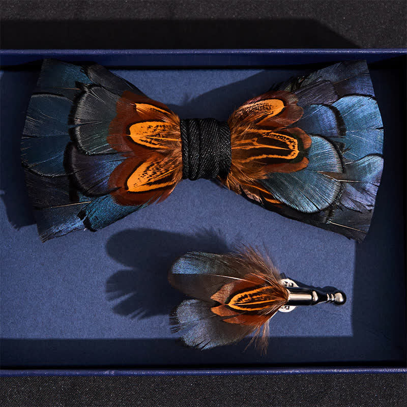 Navy & Rust Feather Bow Tie with Lapel Pin - Image 4
