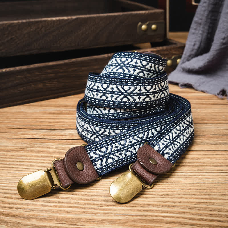 Navy & White Ethnic Pattern Y-back Elastic Suspenders - Image 2