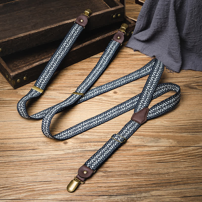 Navy & White Ethnic Pattern Y-back Elastic Suspenders - Image 3