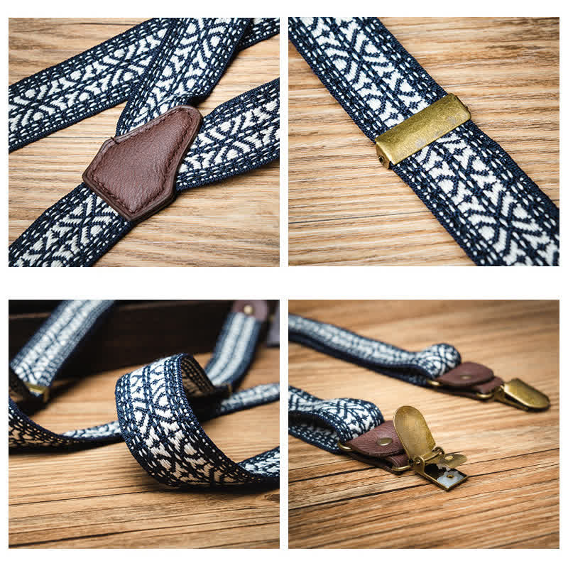 Navy & White Ethnic Pattern Y-back Elastic Suspenders - Image 4