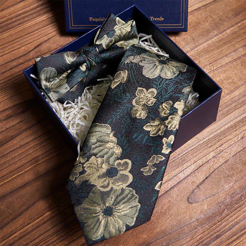 Night Dark Green Floral Necktie & Bow Tie Bundle Set - Image 3
