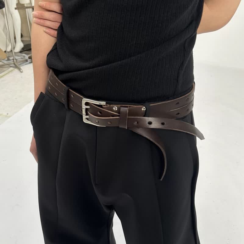 Novel Double Prong Dual Strap Brown Leather Belt - Image 4