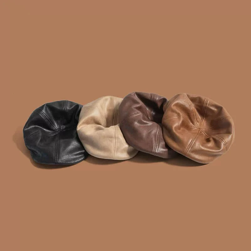 Octagonal Flat Head Retro Style Leather Beret Hat - Image 2