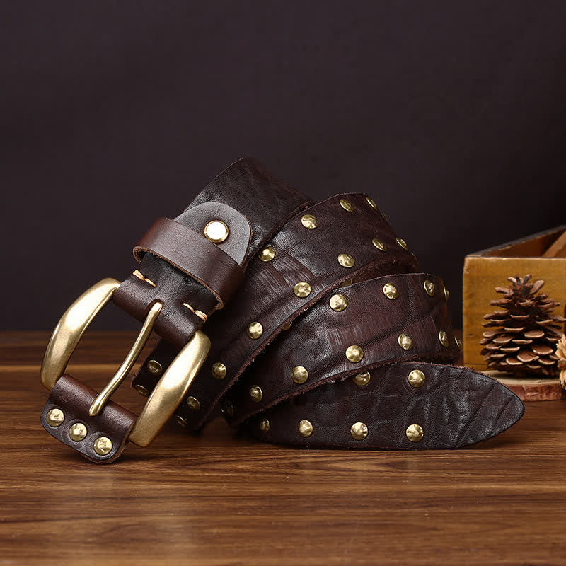 Old West Brass Rivet Distressed Studded Leather Belt - Image 10