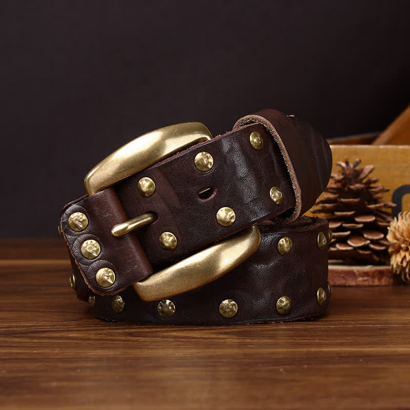 Old West Brass Rivet Distressed Studded Leather Belt - Image 11