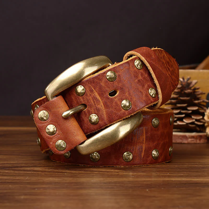 Old West Brass Rivet Distressed Studded Leather Belt - Image 5