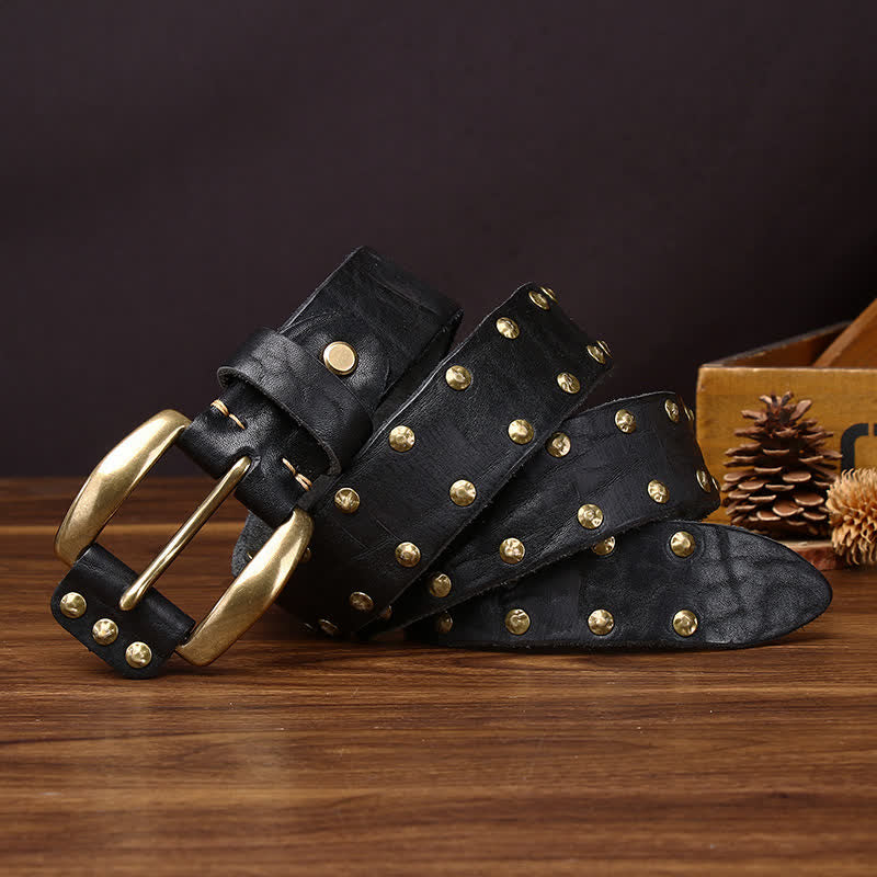 Old West Brass Rivet Distressed Studded Leather Belt - Image 7