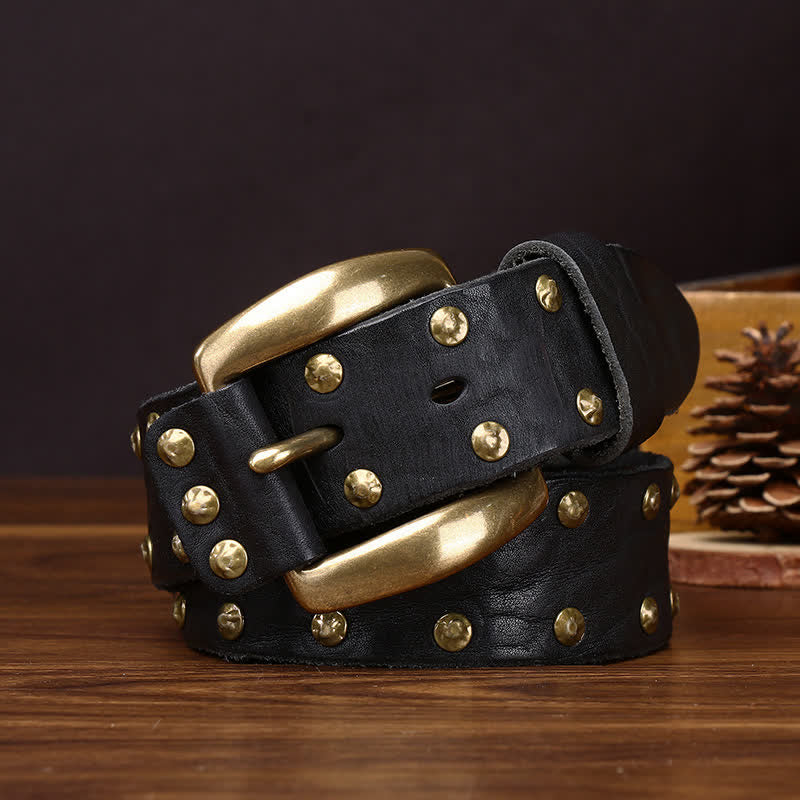Old West Brass Rivet Distressed Studded Leather Belt - Image 8