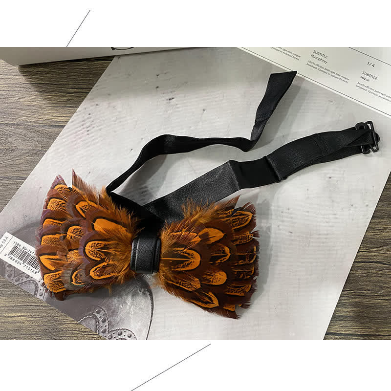 Orange & Black Peacock Feather Bow Tie with Lapel Pin - Image 2