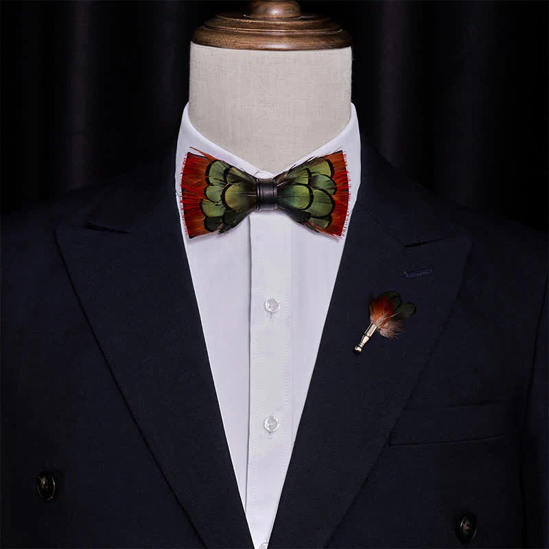 Orange Greenish Pheasant Feather Bow Tie with Lapel Pin - Image 2