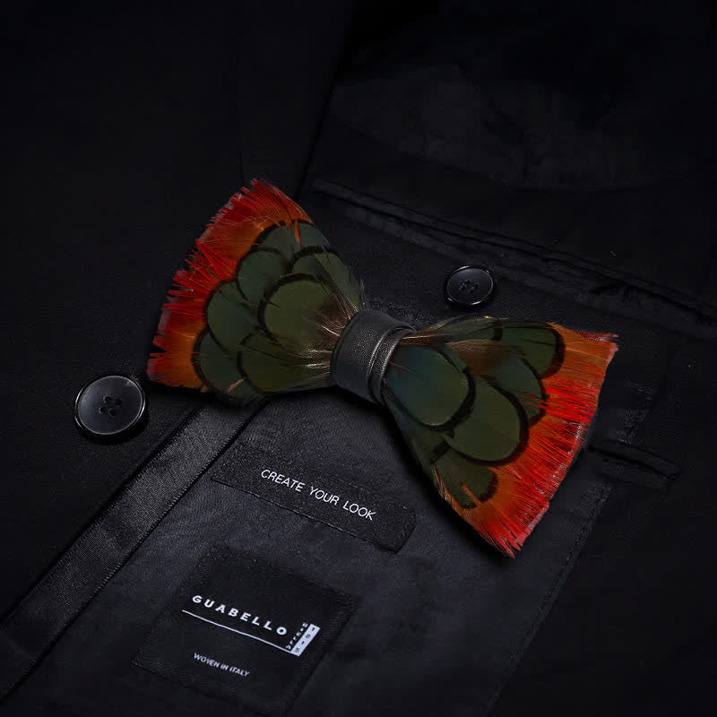 Orange Greenish Pheasant Feather Bow Tie with Lapel Pin - Image 3