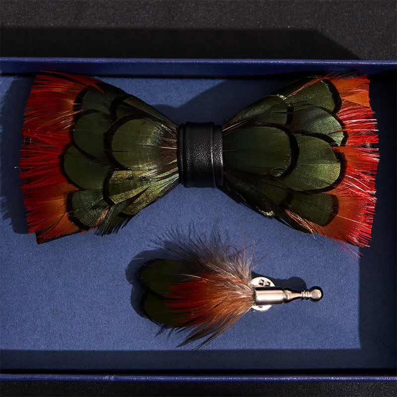Orange Greenish Pheasant Feather Bow Tie with Lapel Pin - Image 4