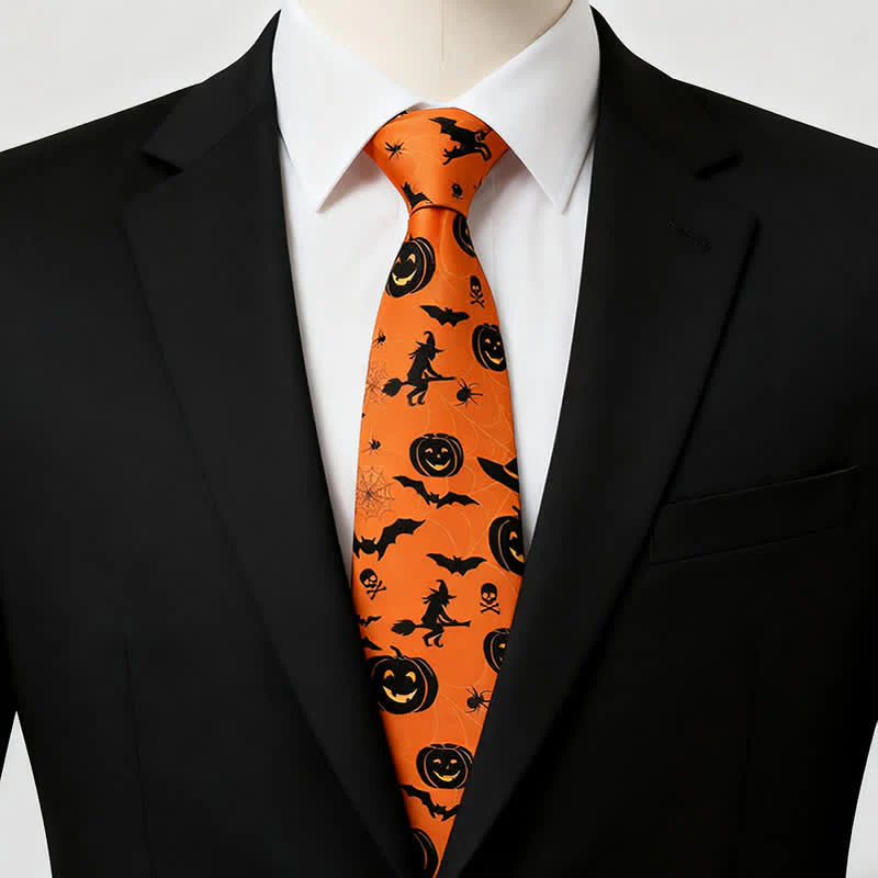 Orange Halloween Witch Bat Pumpkin Pattern Necktie - Image 2