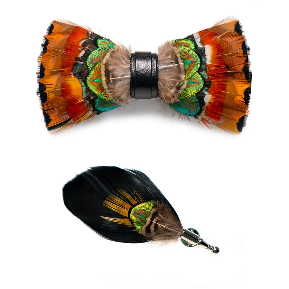 Orange Phoenix Feather Bow Tie with Lapel Pin - Image 2