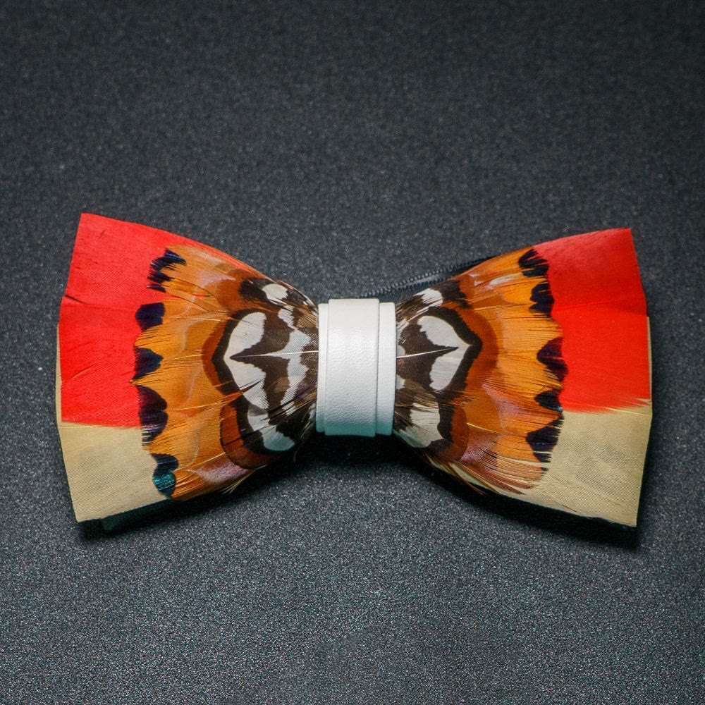 Orange & White Lively Feather Bow Tie with Lapel Pin - Image 2