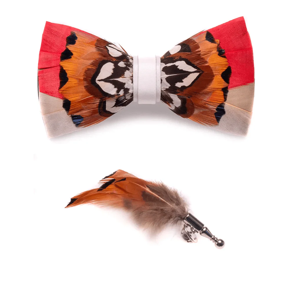 Orange & White Lively Feather Bow Tie with Lapel Pin - Image 3