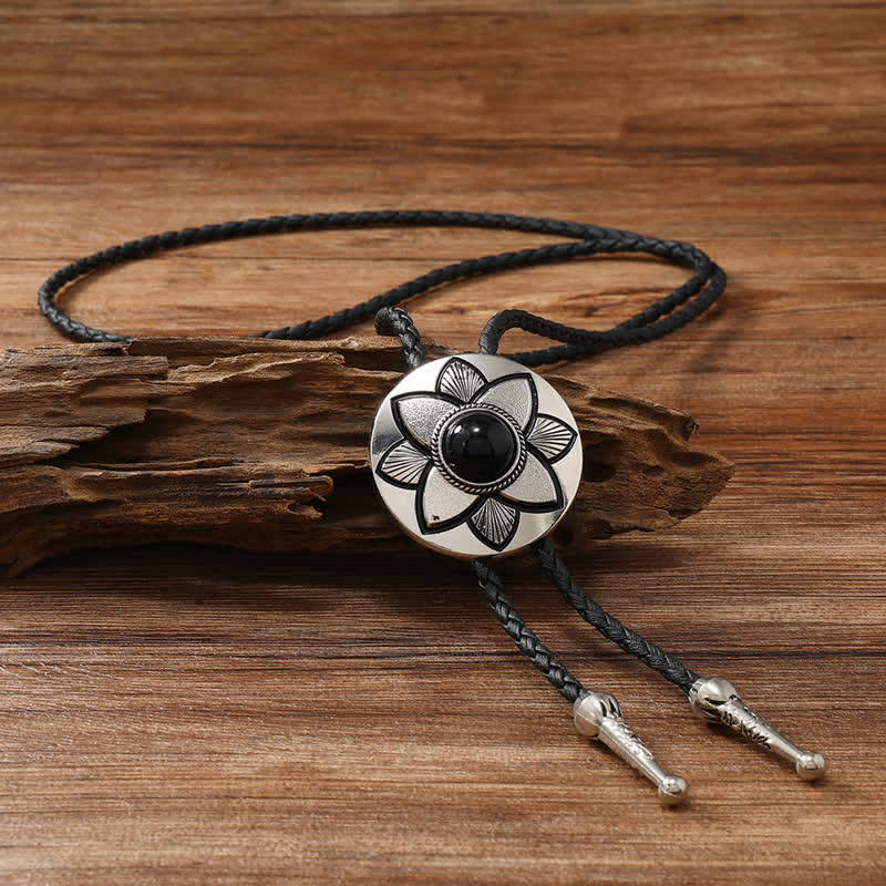 Oval Carved Petal Black Turquoise Stone Bolo Tie - Image 3