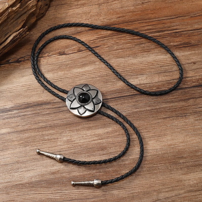 Oval Carved Petal Black Turquoise Stone Bolo Tie - Image 4