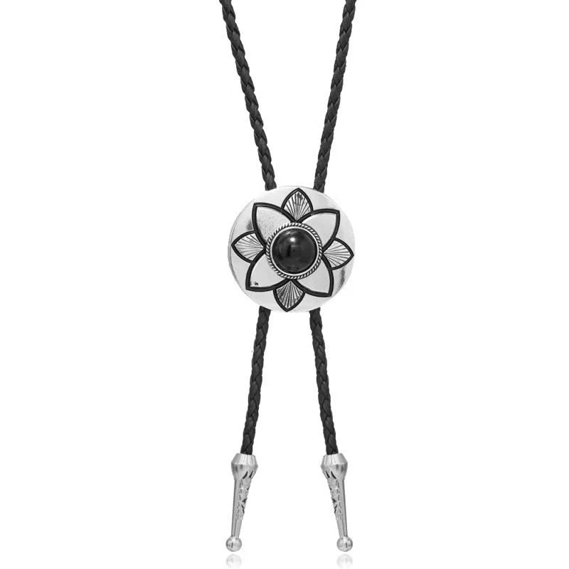 Oval Carved Petal Black Turquoise Stone Bolo Tie - Image 5